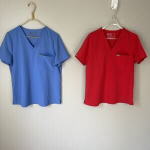 Figs Women's V-Neck Scrub Tops in Blue and Red faded